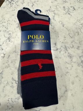 Polo by Ralph Lauren Men's Navy & Red Striped, Gray and Navy Crew Socks 3pack